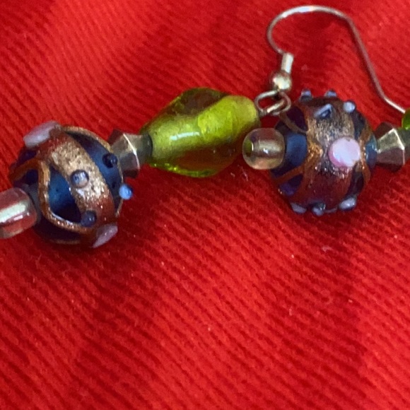 EXQUISITE Beaded Drop Earrings, Gold, Green, Blue, Pink, White, Handmade, L=2” - Picture 6 of 8